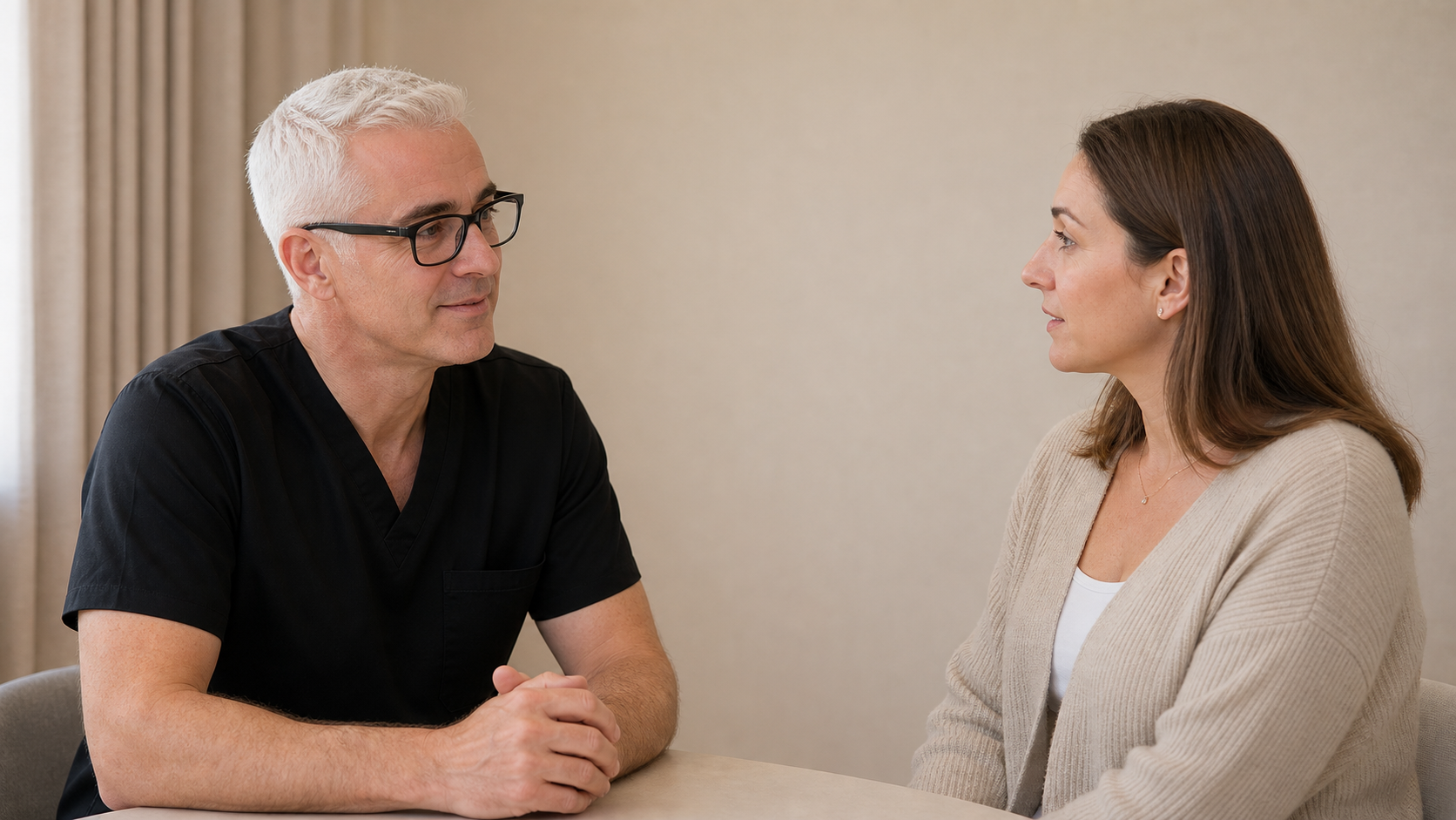Adult woman and practitioner reviewing the natural transition between the lower eyelid and cheek