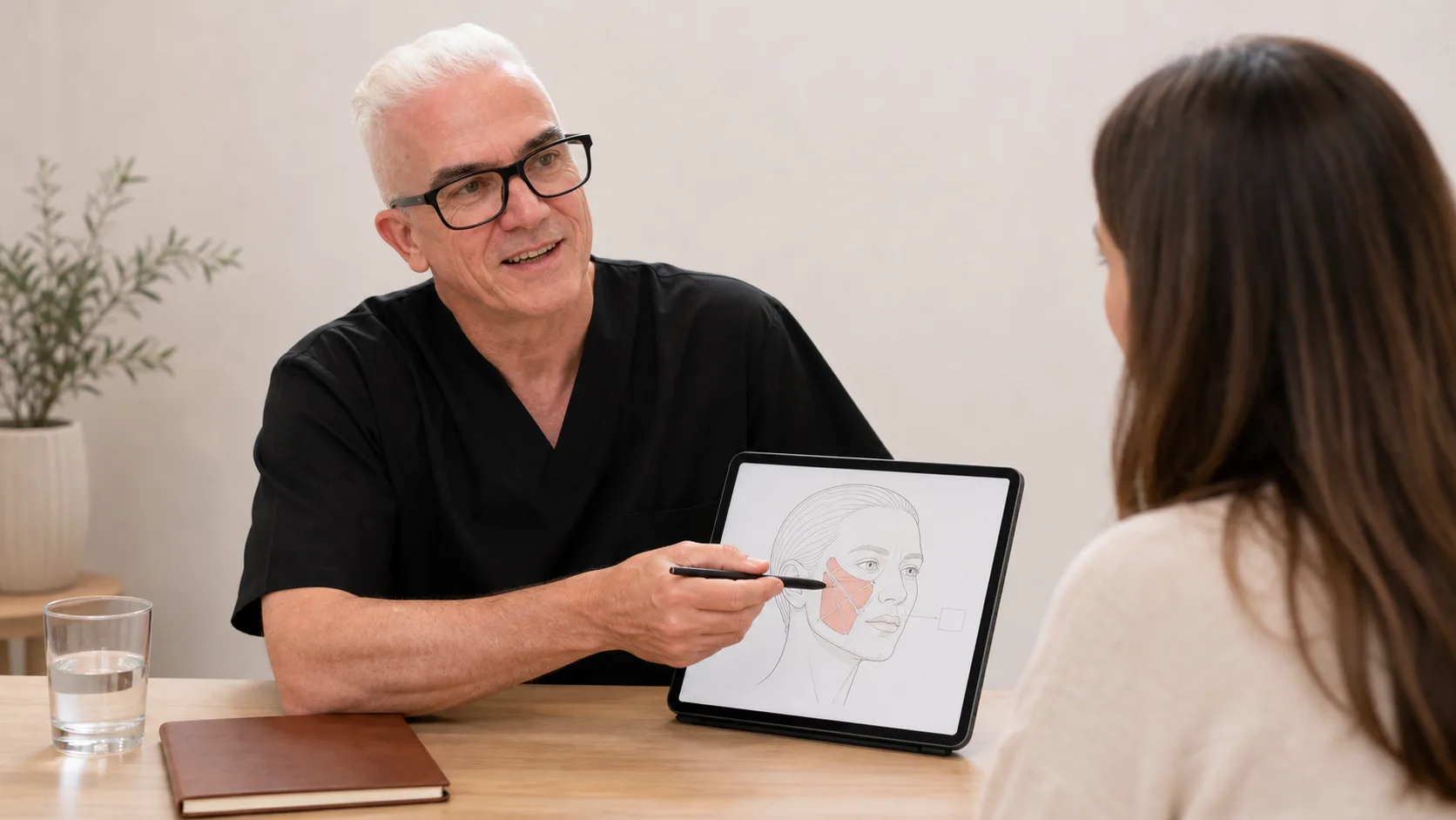 Corey Anderson RN planning consultation and review with an adult patient