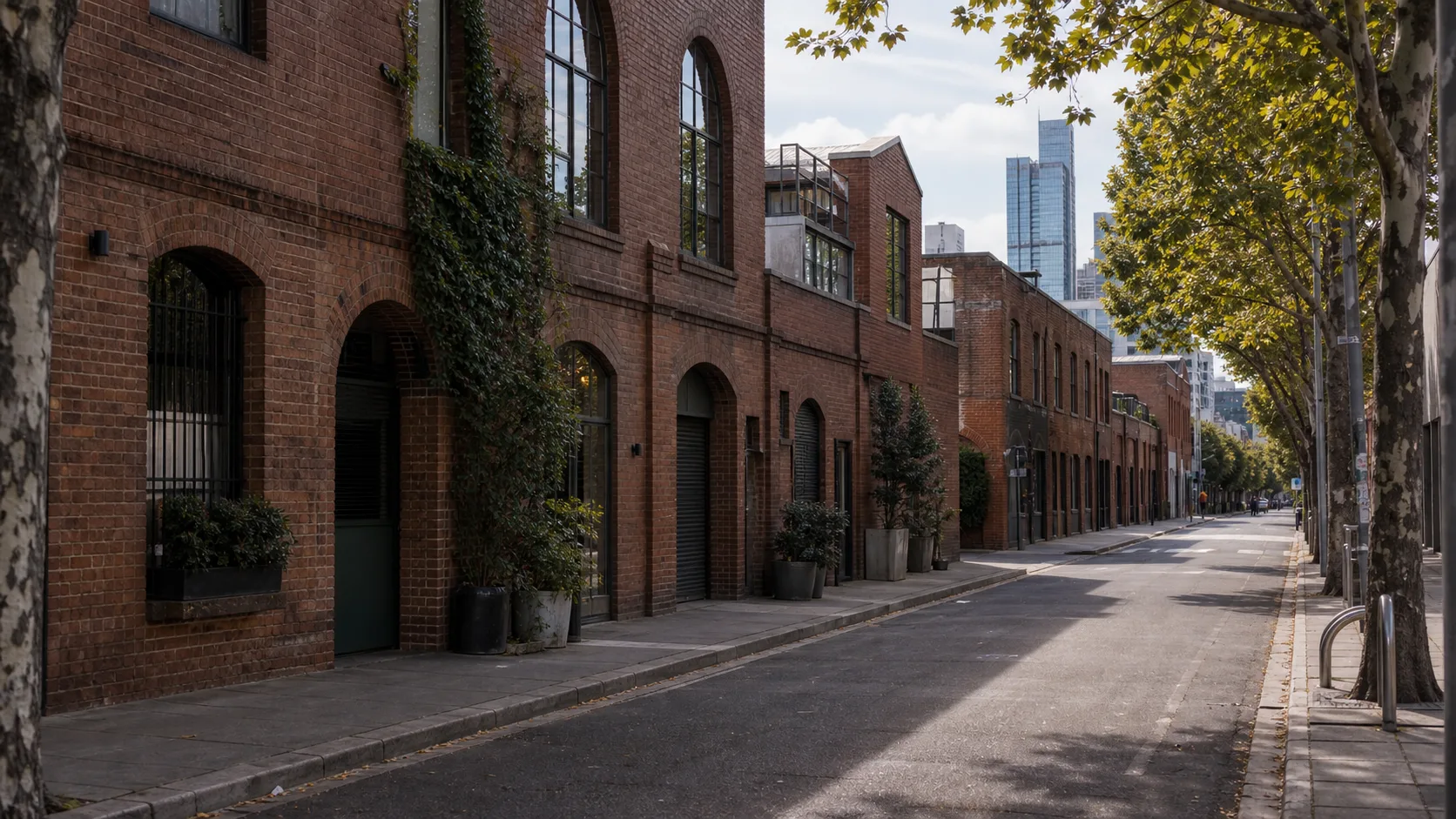 Illustration of a quiet brick laneway with distant city buildings