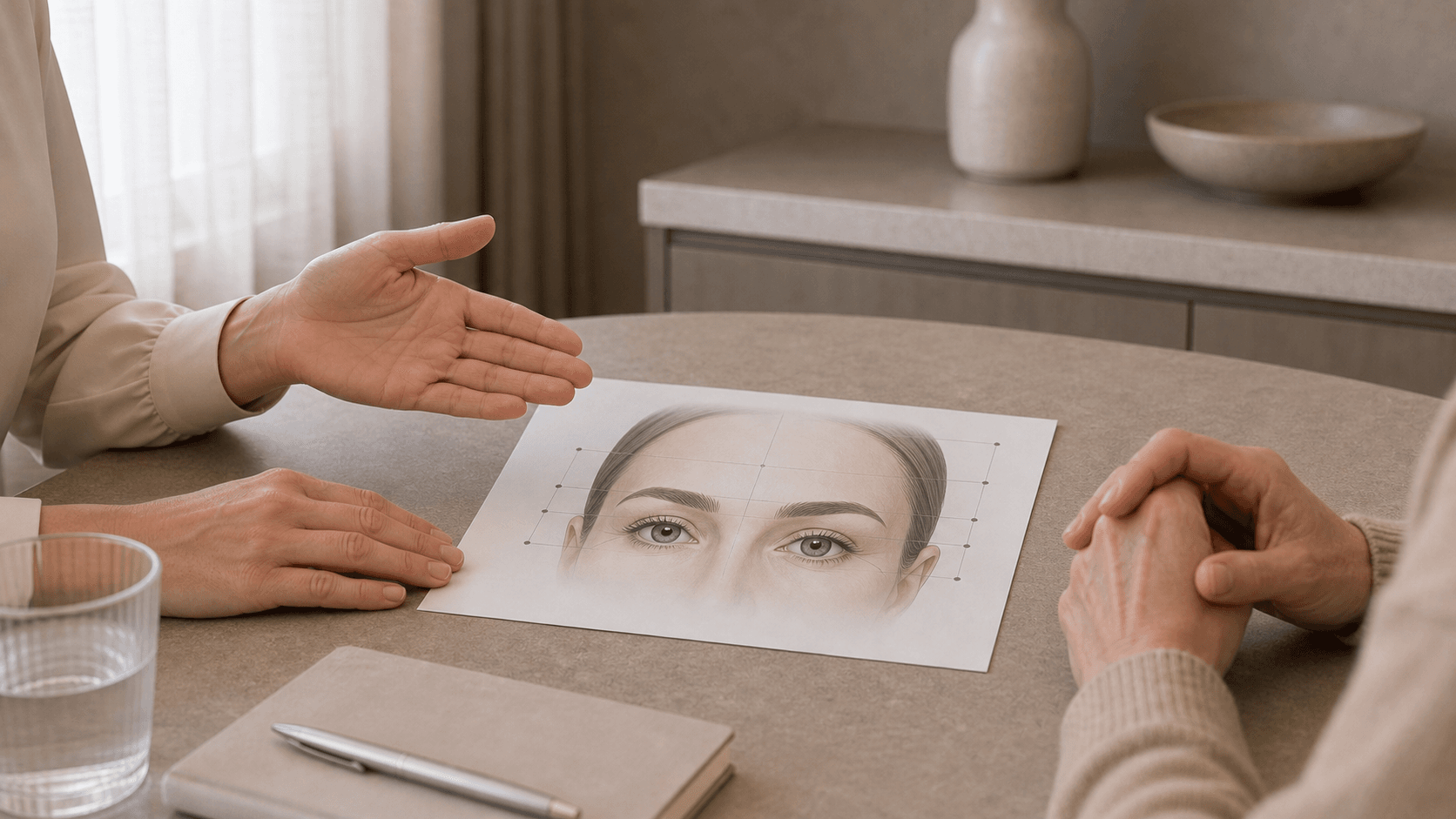 Adult patient using a mirror while discussing a broad facial line concern with Corey Anderson RN