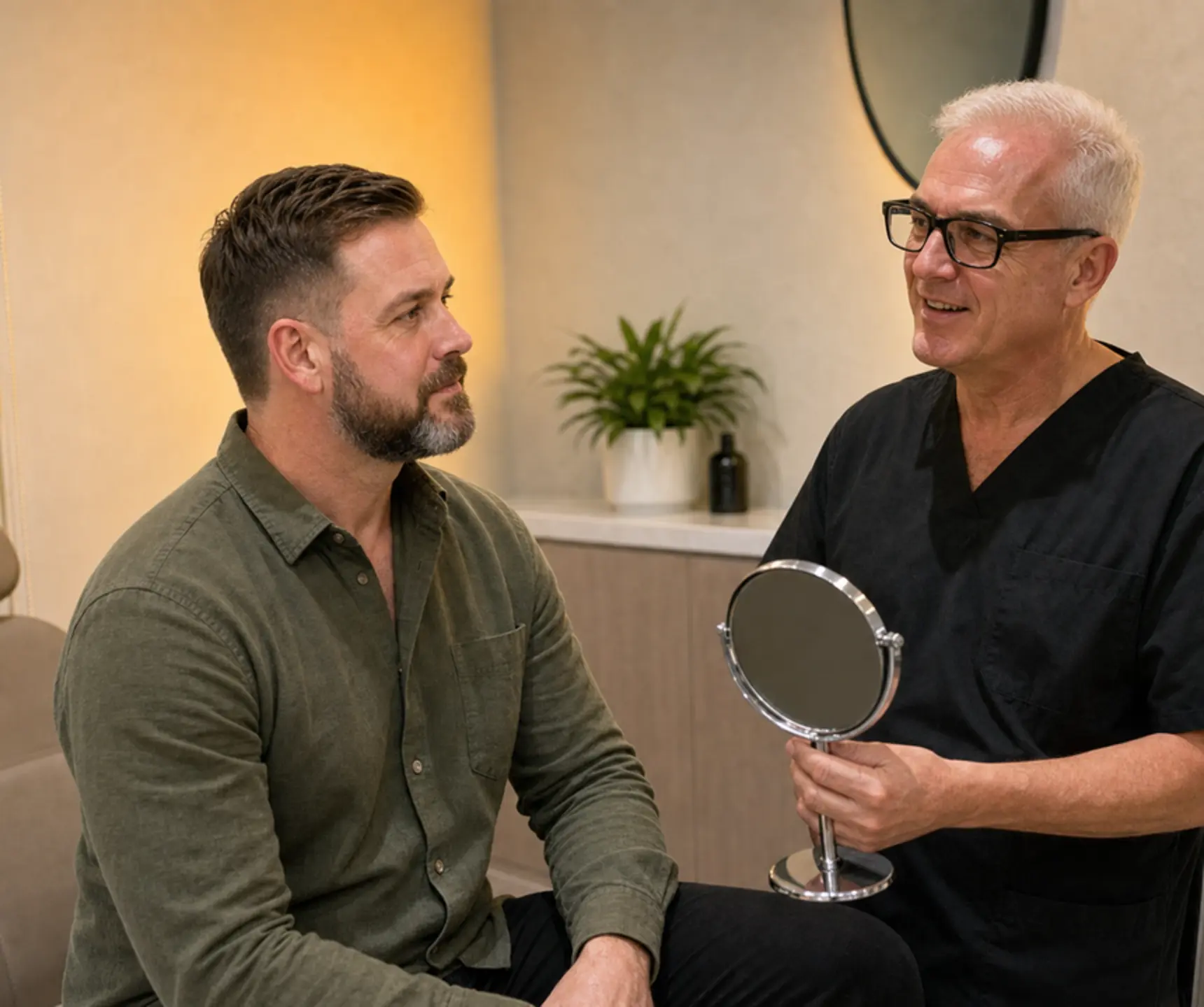 Corey Anderson RN and an adult woman discussing jaw and lower-face proportions during consultation