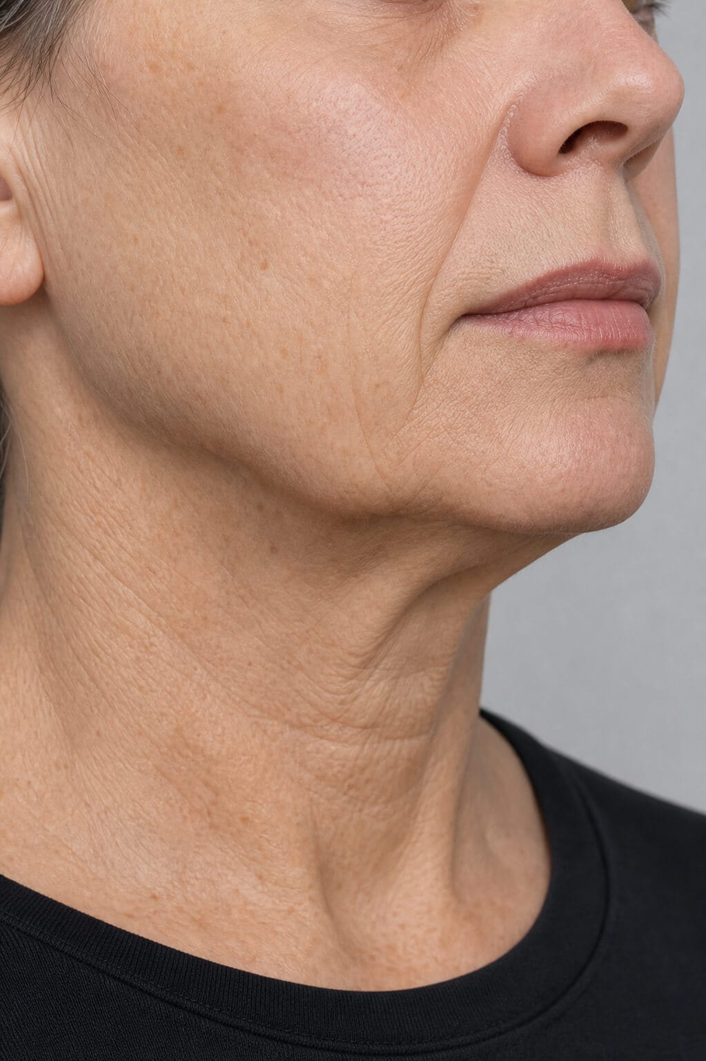 Adult lower face in side profile, showing the natural relationship between the chin, jaw border and neck