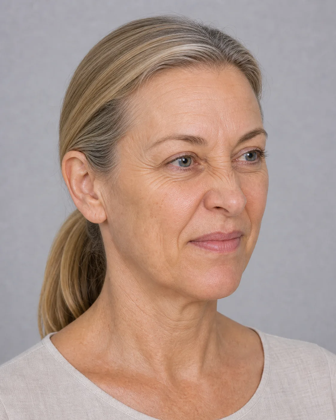 Adult woman shown in three-quarter view for a general discussion of facial structure and balance