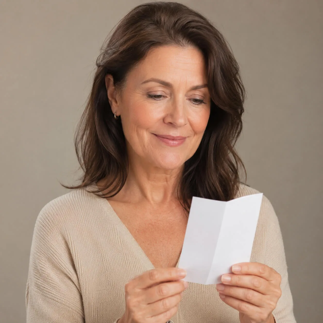 Adult reading a folded information card before making a decision