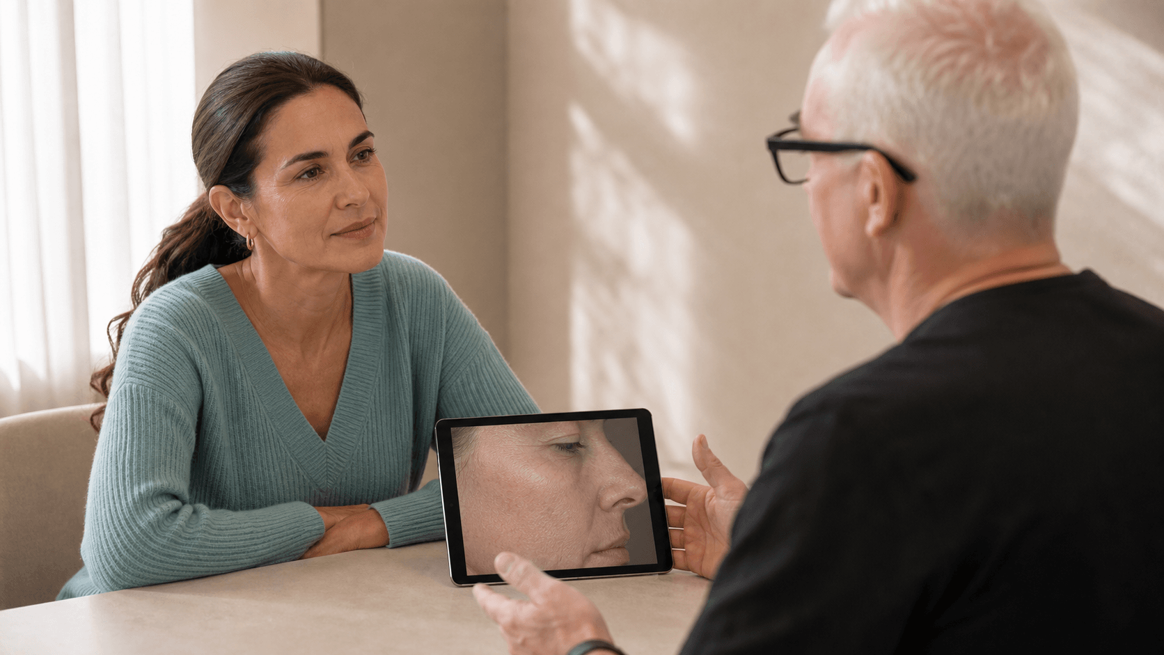 Adult patient and clinician reviewing a magnified facial skin image on a tablet
