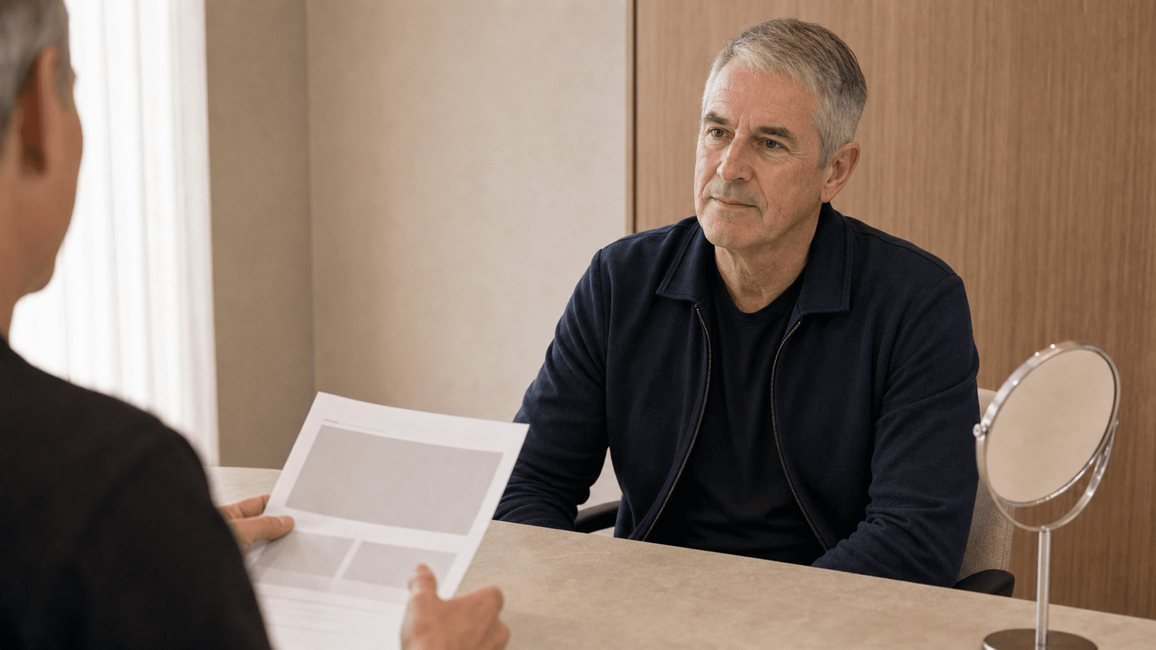 Adult patient in a calm preventative aesthetics planning conversation at Core Aesthetics