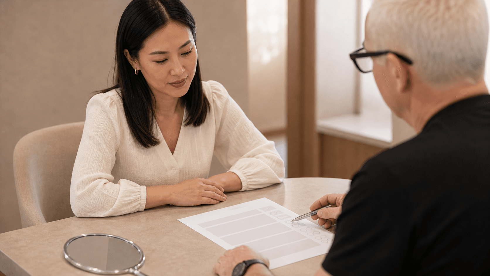 Adult patient and practitioner discussing different facial care pathways in a calm consultation setting