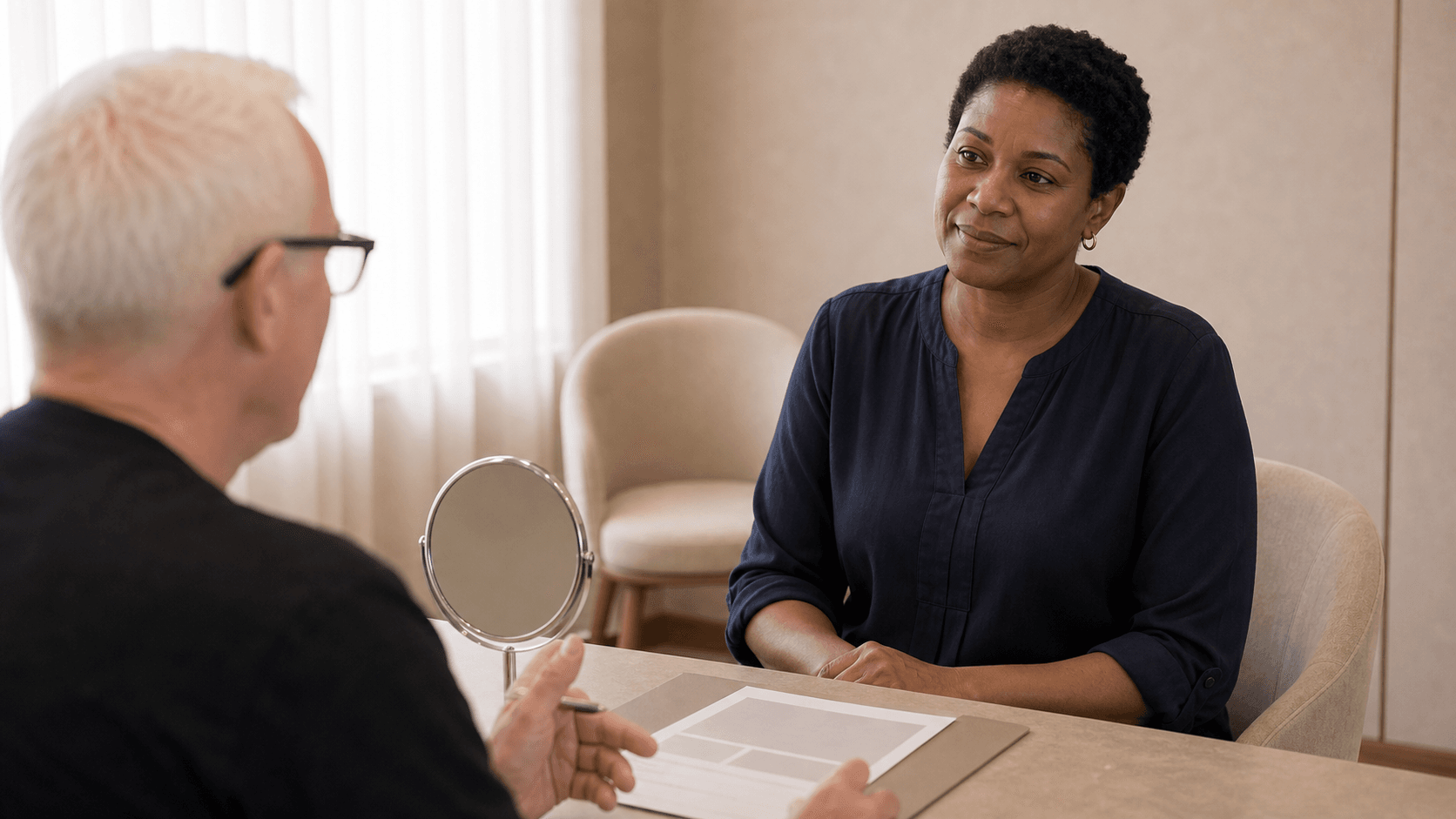 Corey Anderson RN welcoming an adult patient to discuss a wrinkle concern at the Oakleigh clinic