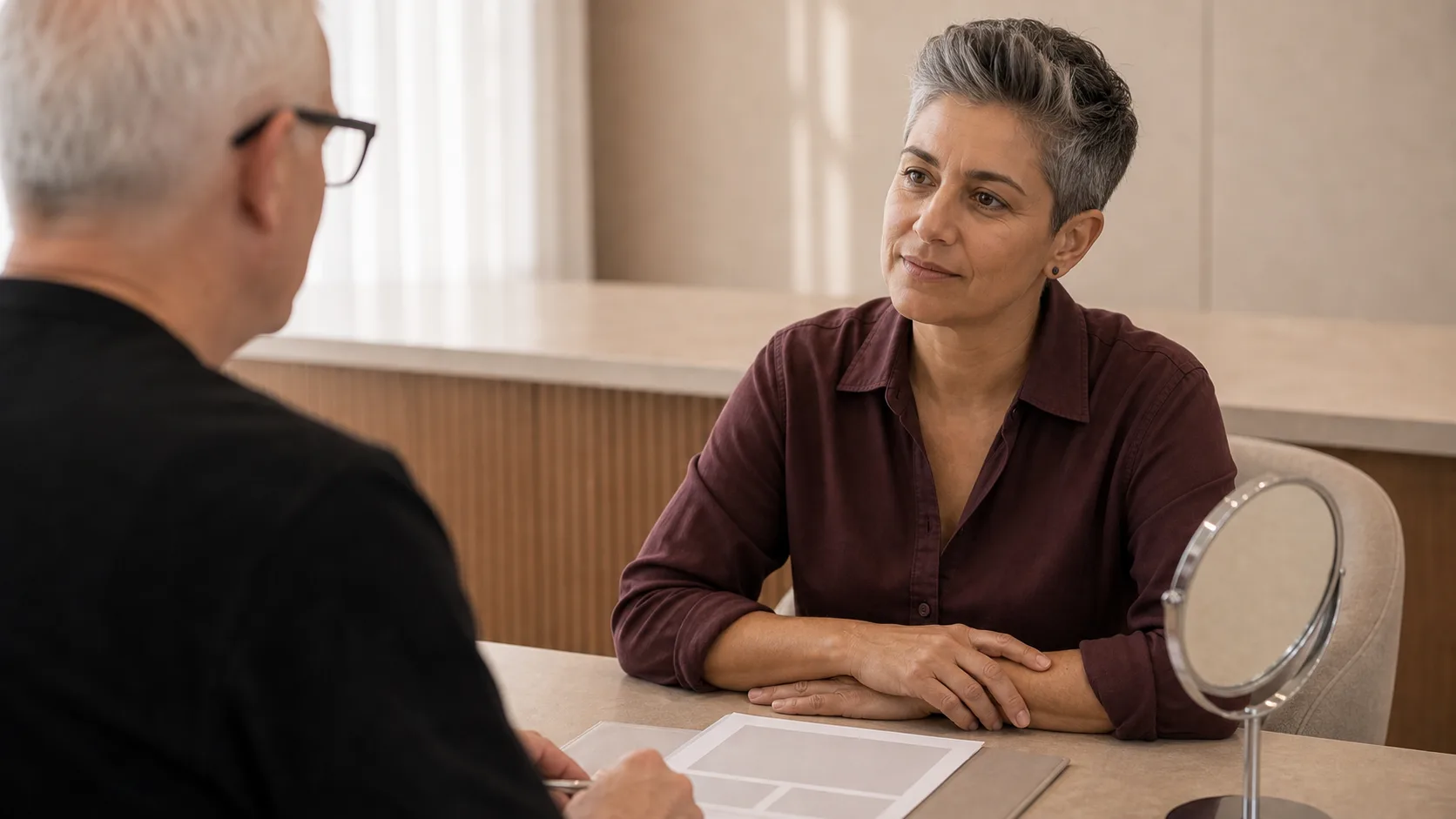 Two adults talking across a consultation table beside a small round mirror.