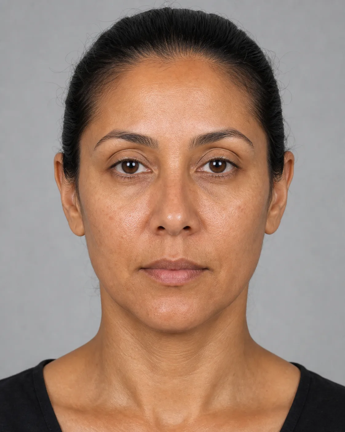 Adult woman shown from the front to illustrate whole-face context during temple assessment