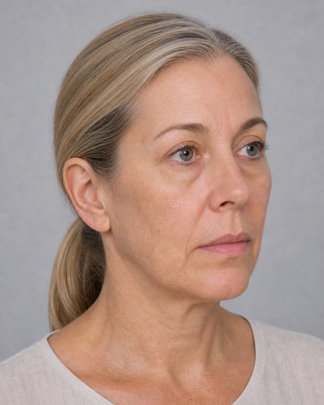 Three quarter view of an adult woman showing the lower eyelid, tear trough region and upper cheek