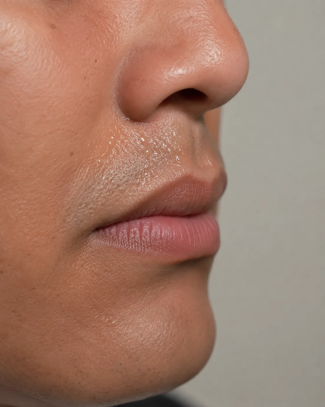 Person indicating the upper lip area while discussing facial sweating