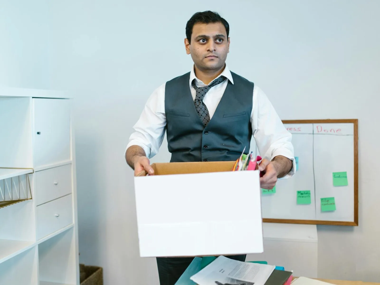 Man in a white shirt and dark vest holds a cardboard box filled with office supplies in an office setting.