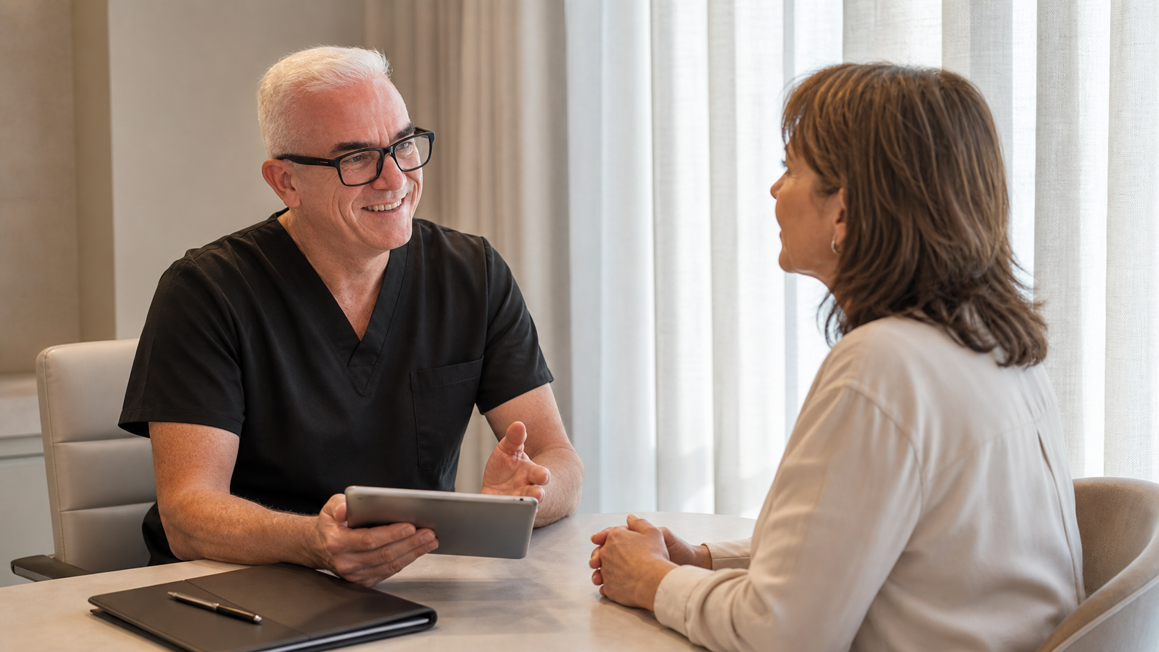 Corey Anderson RN discussing information on a tablet with an adult patient in the Oakleigh consultation room