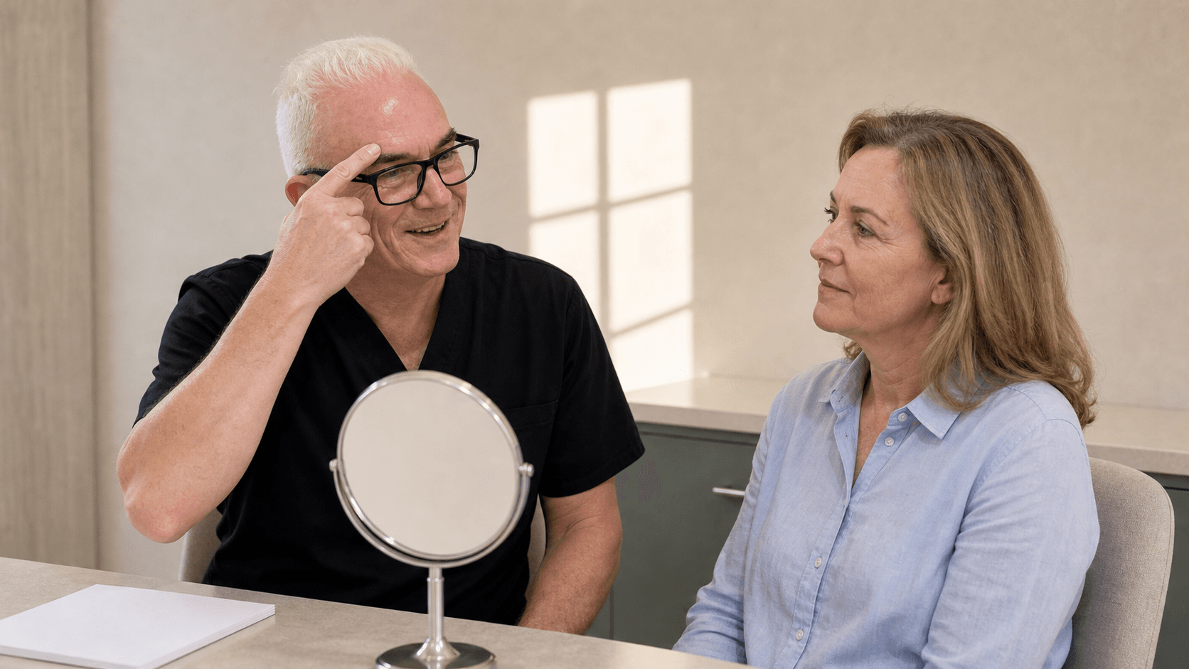 Adult patient considering forehead and brow movement during a consultation at Core Aesthetics