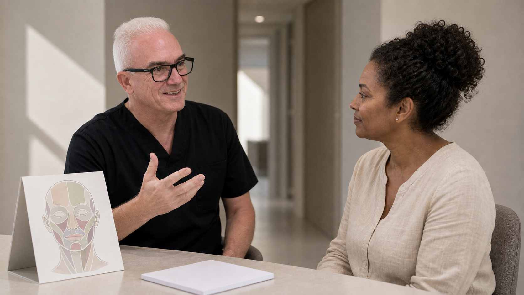 Adult patient and practitioner considering the natural transition between the lower eyelid and upper cheek