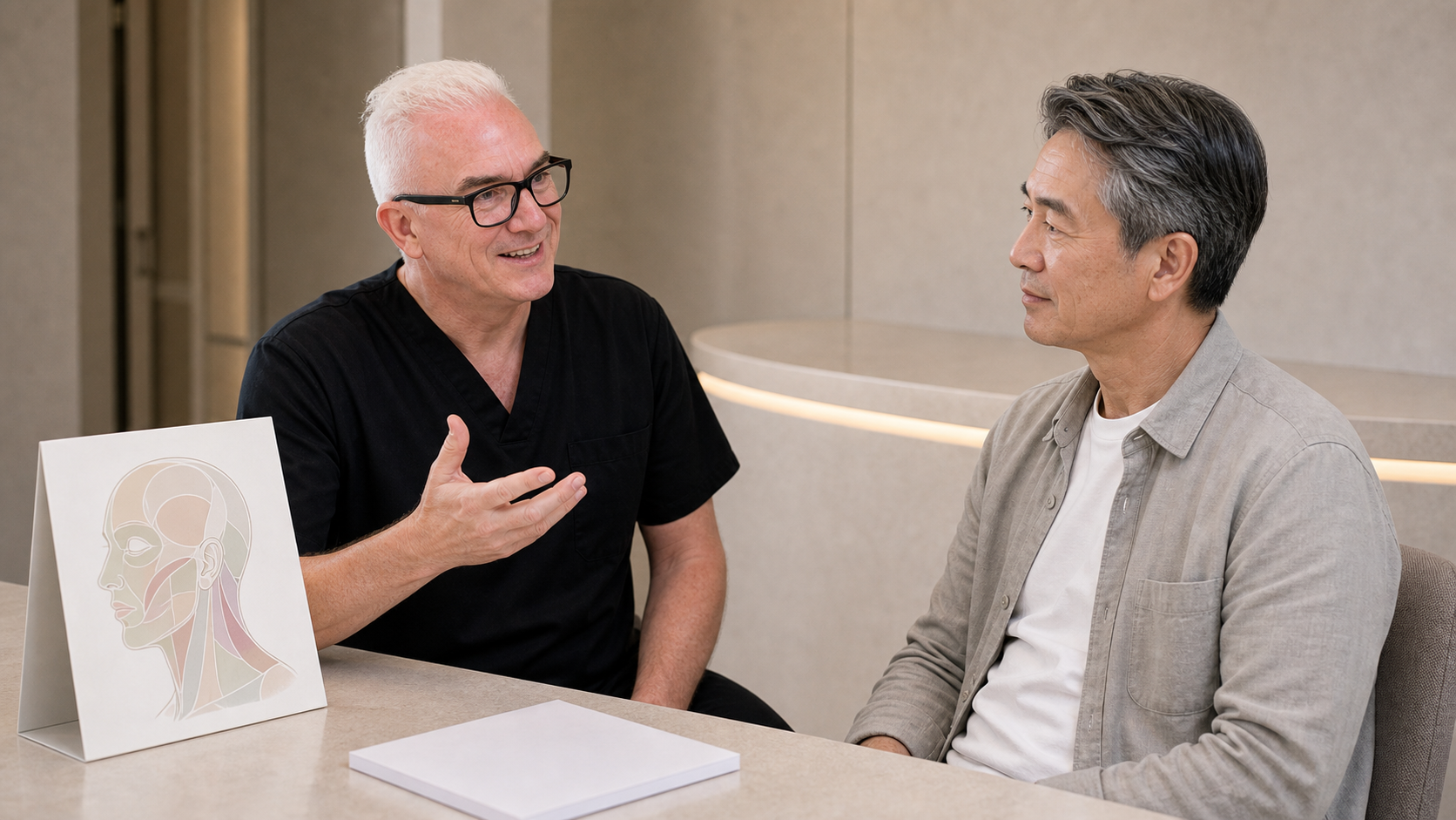 Adult patient and practitioner considering facial balance during consultation