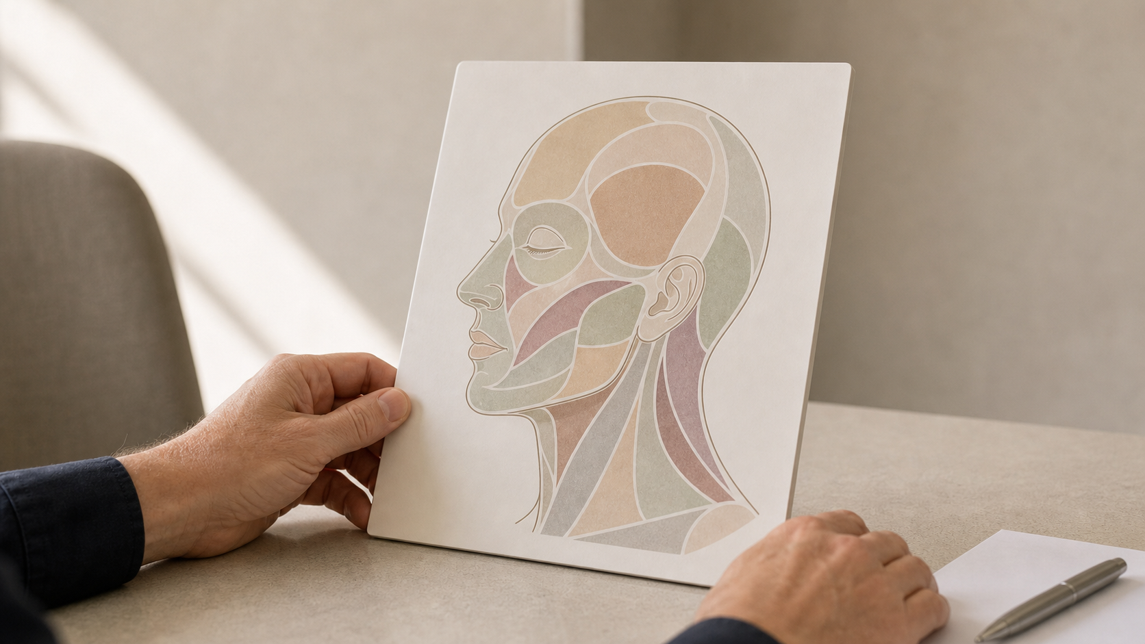 Adult patient and practitioner reviewing facial structure in a whole-face consultation