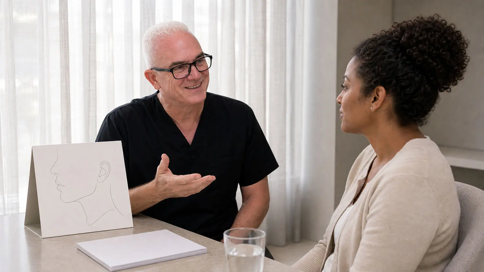 Adult patient during a side-view jawline and chin assessment conversation