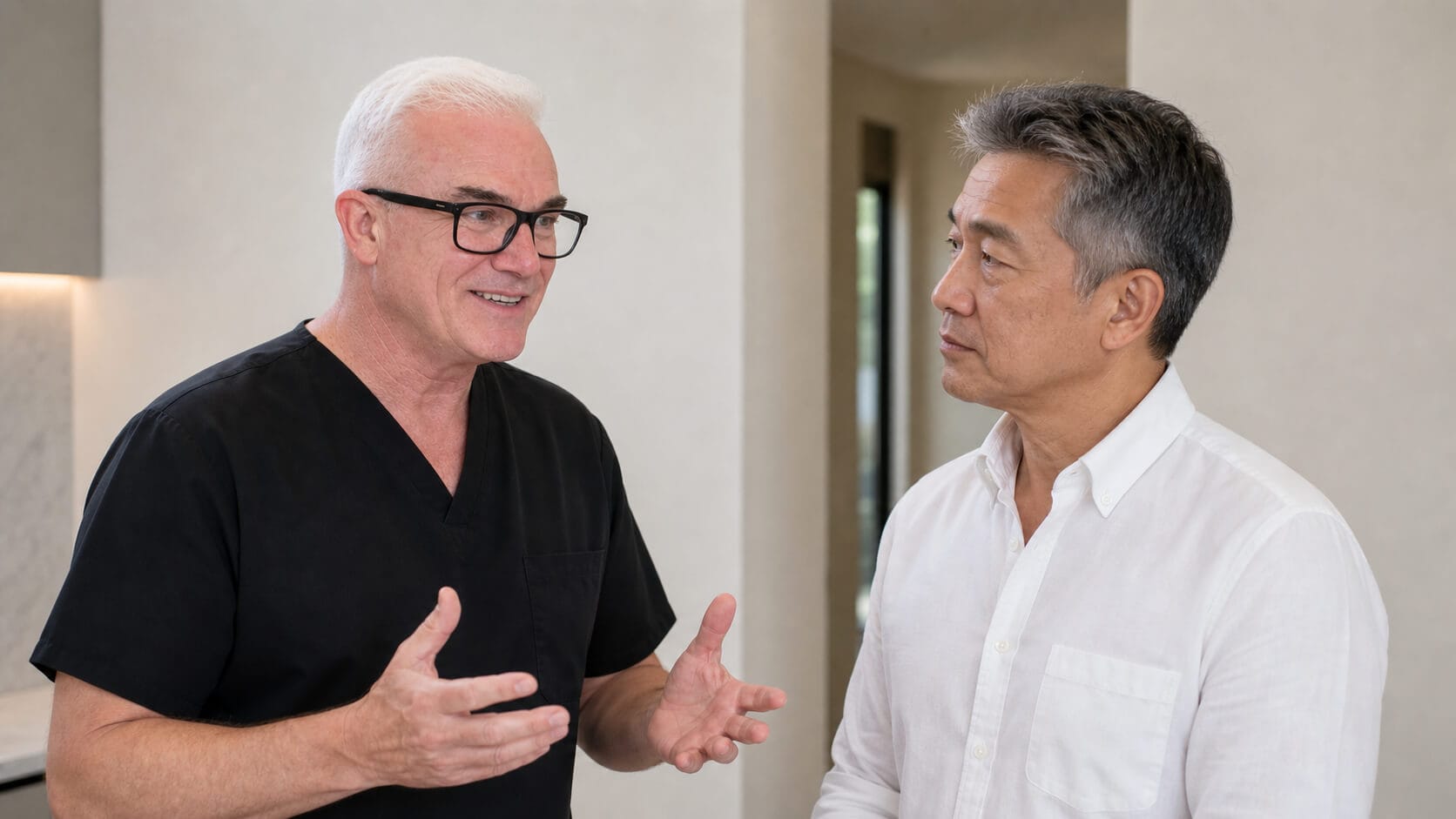 Corey Anderson RN and an adult patient discussing the history of an aesthetic plan