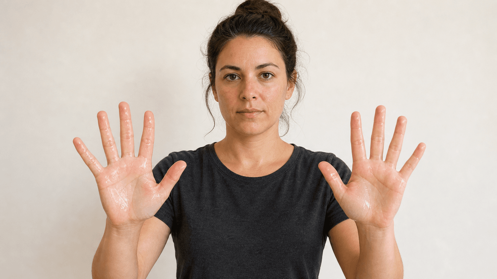 Adult holding both open palms forward while describing how hand sweating affects daily tasks