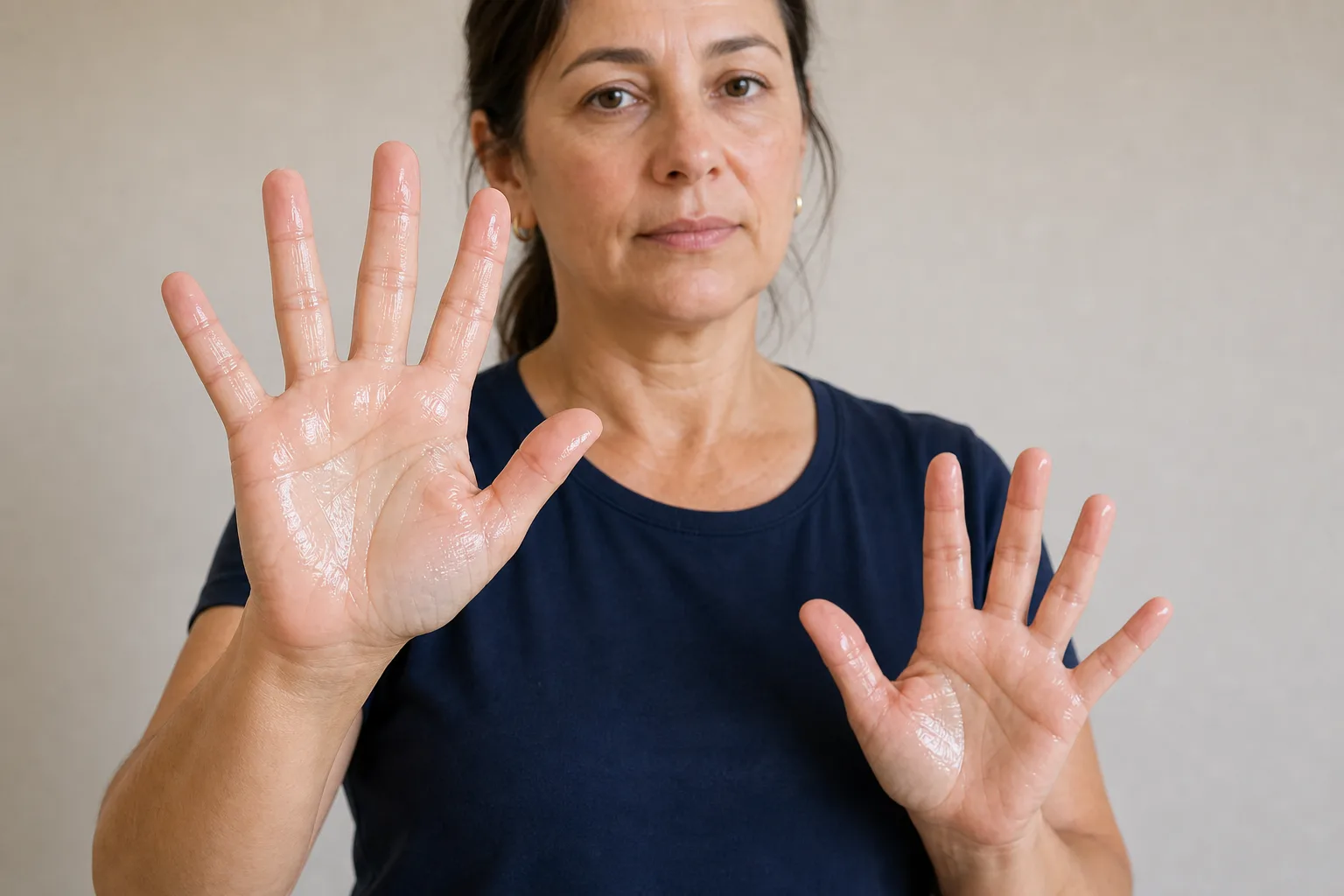 Adult woman showing both open palms while describing when hand sweating occurs