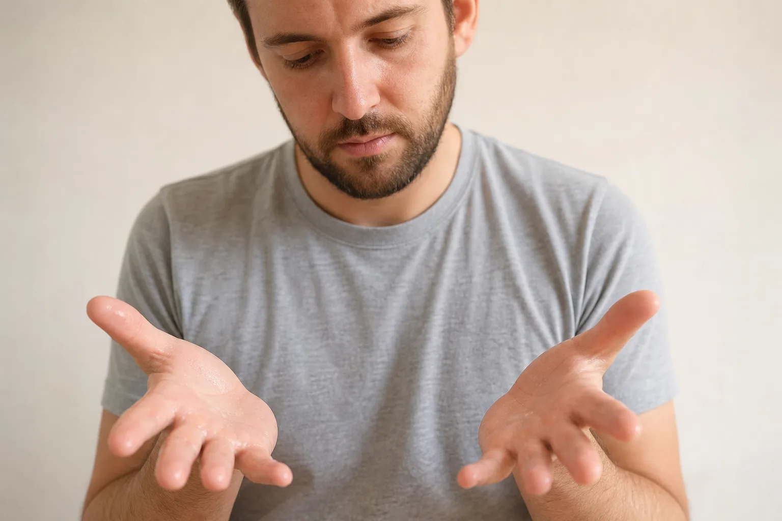 Adult holding both open palms while discussing grip, work and device problems caused by hand sweating