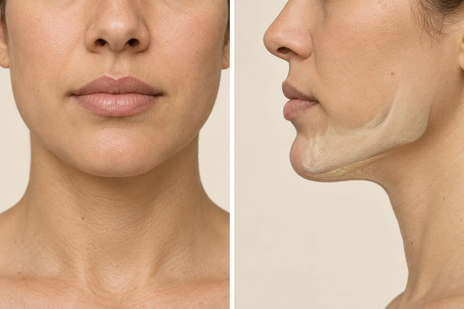 Two-panel educational anatomy view of the lower lip, chin and under-chin area from front and profile