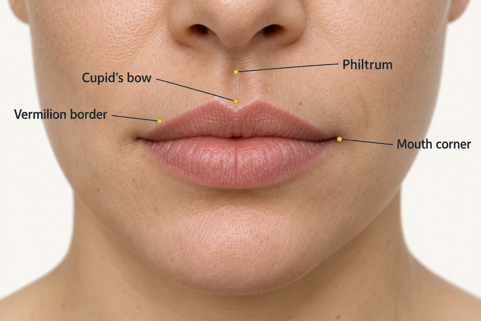 Educational lip illustration labelling the Cupid’s bow, vermilion border, philtrum and mouth corner